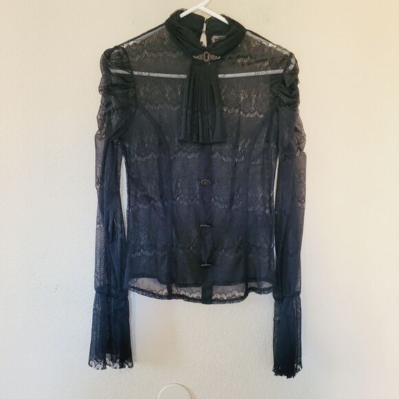 jawbreaker Tops - Victorian Vamp Sheer Lace High Neck Button Blouse Dark Goddess Gothic Sz Medium